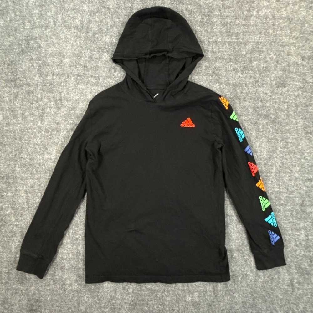 Adidas Hooded Shirt Boys M 10 12 Black Multicolor Logo Sleeve Long Sleeve
